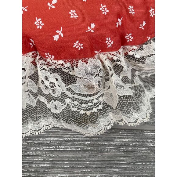 Vintage Burnt Red Orange 9" Round Throw Pillow White Floral Pattern Lace Edge - Picture 7 of 10